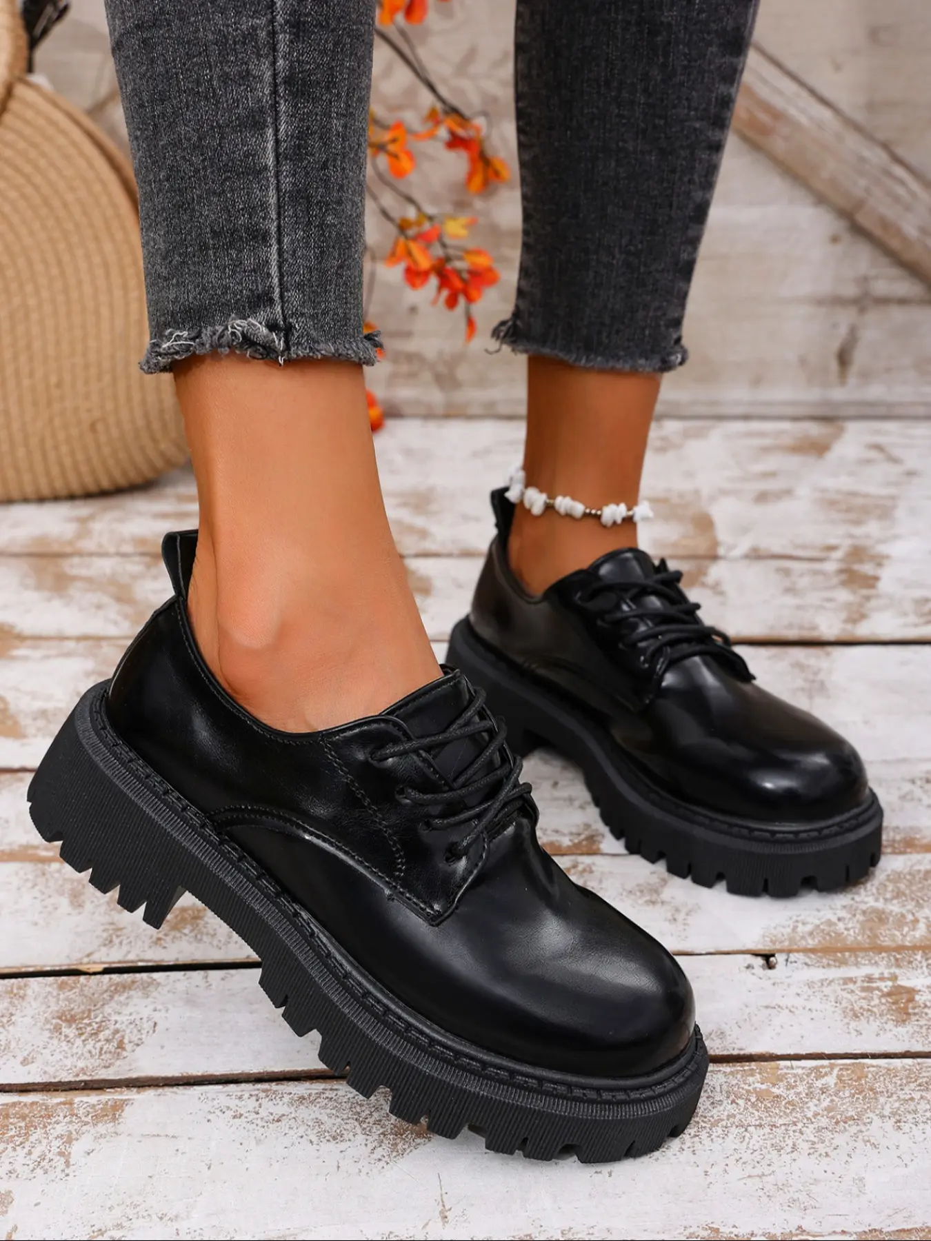 Women's Comfortable Minimalist Round Toe Lace-Up Thick Sole Boots, Business Style Loafers, Elegant Simple Design Walking Shoes, Casual business shoes, Office Shoes, Chunky sole, Business Style Footwear