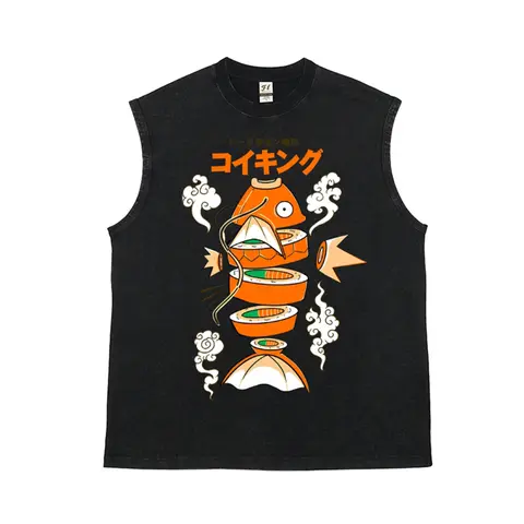 Men's Vintage Graphic Tank Top with Japanese Sushi Print - Distressed 100% Cotton Streetwear, Loose Fit & Breathable Fabric