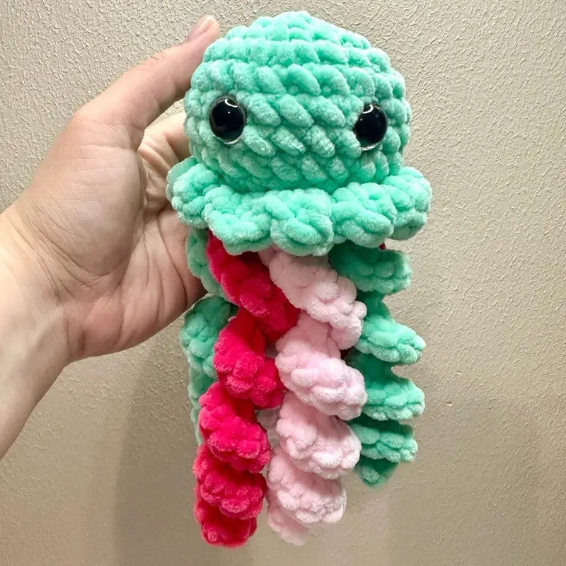 Crochet Jellyfish Plushie - Hand-Made Soft Plush with Safety Eyes, Green Color, Unique Design, Perfect for Travel and Cuddling - 1 available