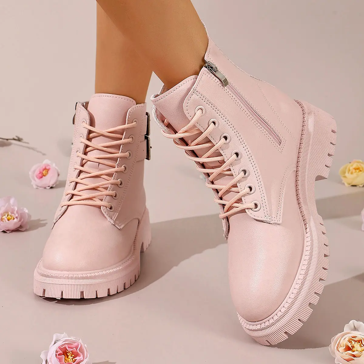 AOPLUS Womens High Top Retro Sneakers Baby Pink Platform Booties. Double Buckle Lace Up Athletic Shoes With Side Zip. Y2K Coquette Aesthetic Footwear. Lightweight Comfortable Everyday Walking Sneaker.