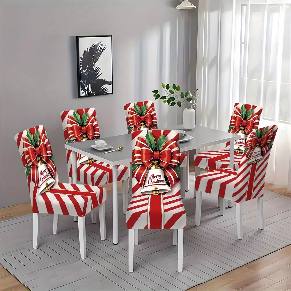 Candy Cane Stripe Christmas Chair Covers, Bow Bell Print Stretch Dining Chair Slipcovers, Xmas Holiday Decor