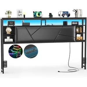 Cyclysio Luxury Style Upholstered Cooling Wood Headboard - King/Queen/Full Size, Built-in Charging Station, Smart LED Light, Spacious Storage Shelves, Lighted Led Bedframe Headboards with Built-in Outlets for Bedroom