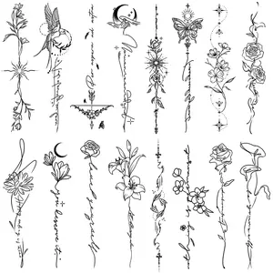 Temporary Tattoos for Women Girls - 45 Pcs Line Flower Words Sketch Realistic Long Last Fake Tattoos Waterproof Minimal Line Art Tattoos for Arm Backbone Leg Body