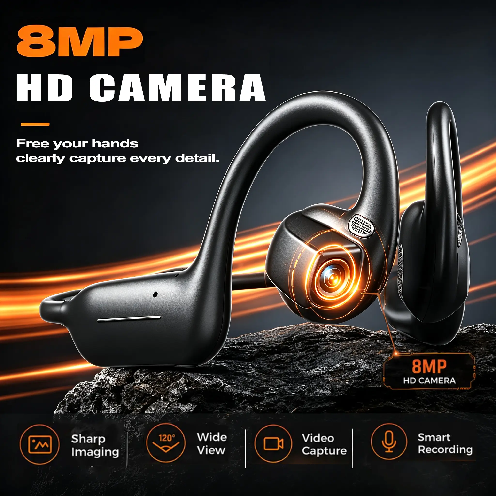 8MP EIS Stabilized Camera, Bone Conduction Wireless Audio Headphones, Touch & Button Control, 160+ Languages Instant Translation, IP65 Waterproof Sport Headsets for Outdoor Cycling Vlog Recording, Outdoor Gadgets Guys Gifts
