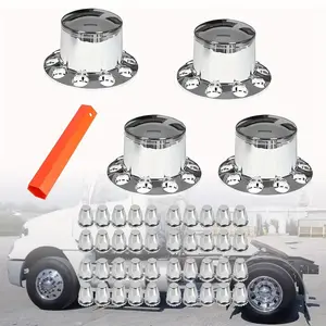 Chrome ABS Complete Axle Cover Set for Semi Trucks, Including Standard Hub Caps, 33mm Screw-On Lug Nut Covers, 4 Rear Wheel Vehicle Parts
