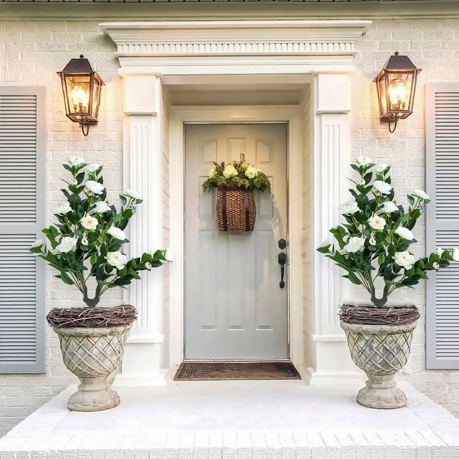 【Christmas Gift】2-Pack 35 in Photorealism Silk Camellia Decorative Topiary Trees, Universal Odourless PE Material with Ground Spikes, Leaf Accents - Outdoor Artificial Floral Home & Garden Decor