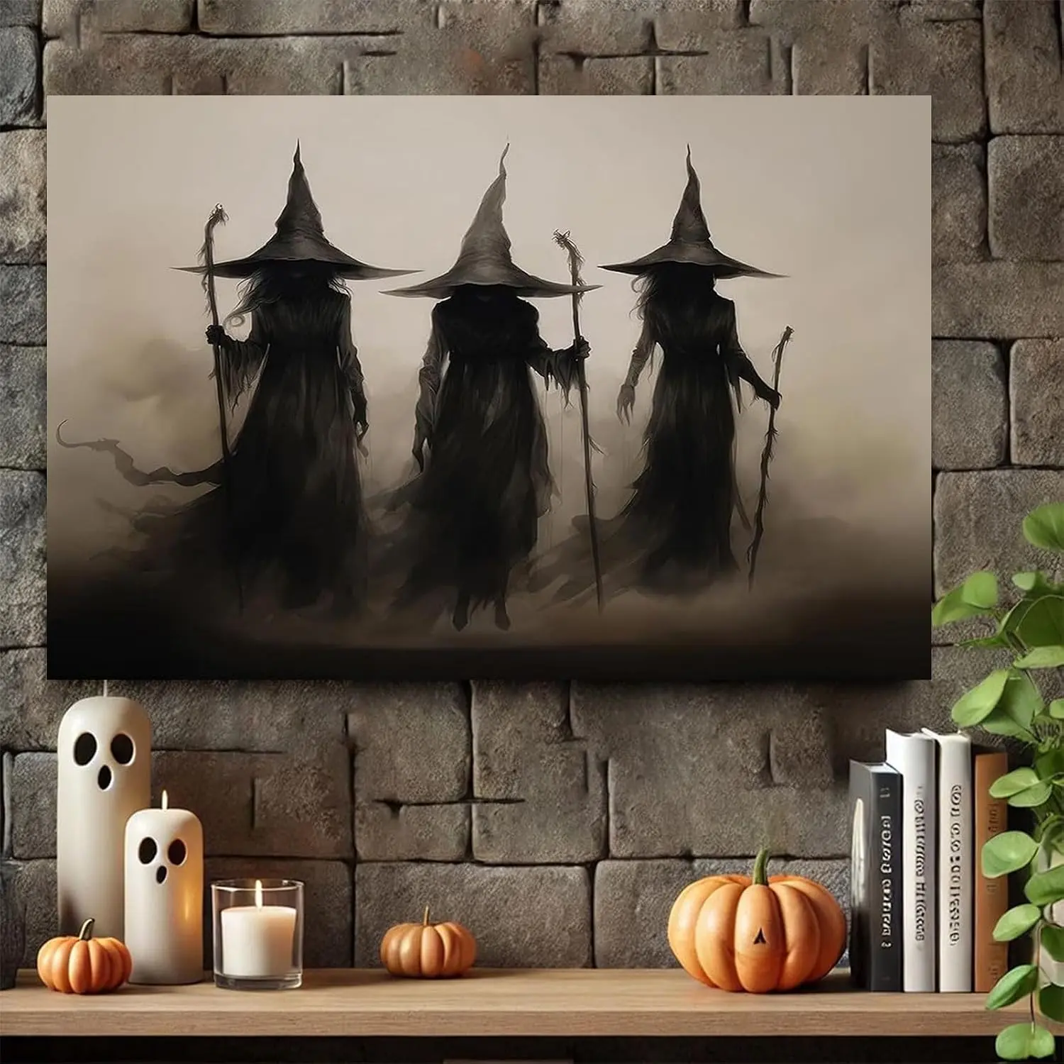 "3 Shadow Witches" Misty Fog Halloween Gothic Minimalist Artwork, 2D Flat Print Rectangular Hanging Canvas Wall Decor Poster, Single Unit Colorfast Ink Hanging Decor for Bedroom, Dark Aesthetic Accent