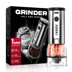 Summervibes-AOSKI-Stainless Steel Electric Salt and Pepper Grinder Set with Adjustable Grind Size: 1 grinder + 2 interchangeable containers  Separate hopper design - Simple and efficient - Prevents spices from mixing, tiktokshopspringglowup