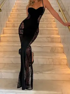 Lace Panel Slim-Fitting Sexy Spaghetti Strap Dress, Chic Fashion Party Birthday Formal Cocktail Dress for Women, Trendy Evening Wear