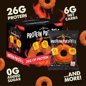 Crisp Power Protein Pretzels, NEW Flamin’ Crunch , High Protein Snack, 26G Protein, Low Carb Crunchy Pretzel Snacks, No Added Sugar, 1.75 oz Bags, 6 Pack, Vegan, Plant-Based, Keto