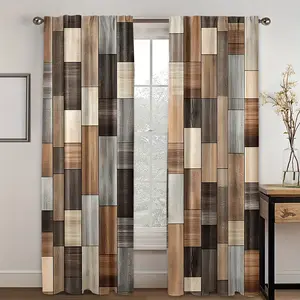 2 Piece Vintage Wood Grain Print Curtains, Rotating Rod Design, Privacy Protection, Suitable for Bedroom, Living Room, Kitchen, Dining Room