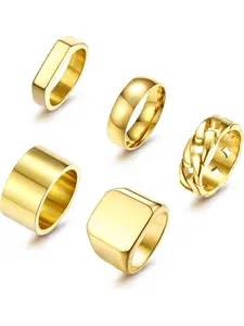 5PCS Mens Rings Gold Stainless Steel Signet Ring Men Gold Square Pinky Thumb Ring Chunky Finger Ring Wedding Cool Band Ring Set Statement Ring