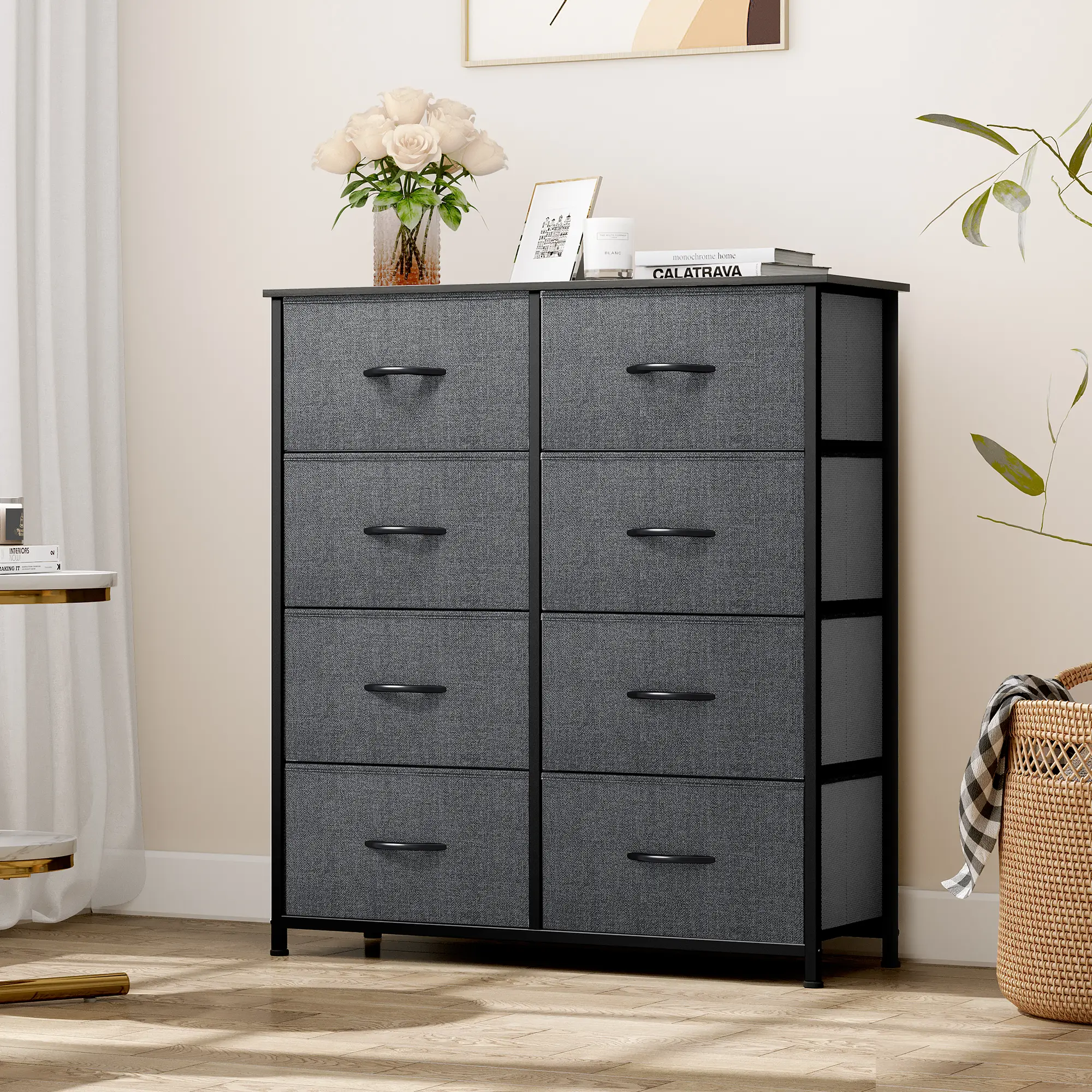 YITAHOME 8-Drawer Fabric Storage Tower - Wood Cabinet Chest with Sturdy Steel Frame, Wooden Top, Easy-Pull Bins, Simple Install, Modern Bedroom Dresser for Bedroom Decor Ideas, Drawerstower