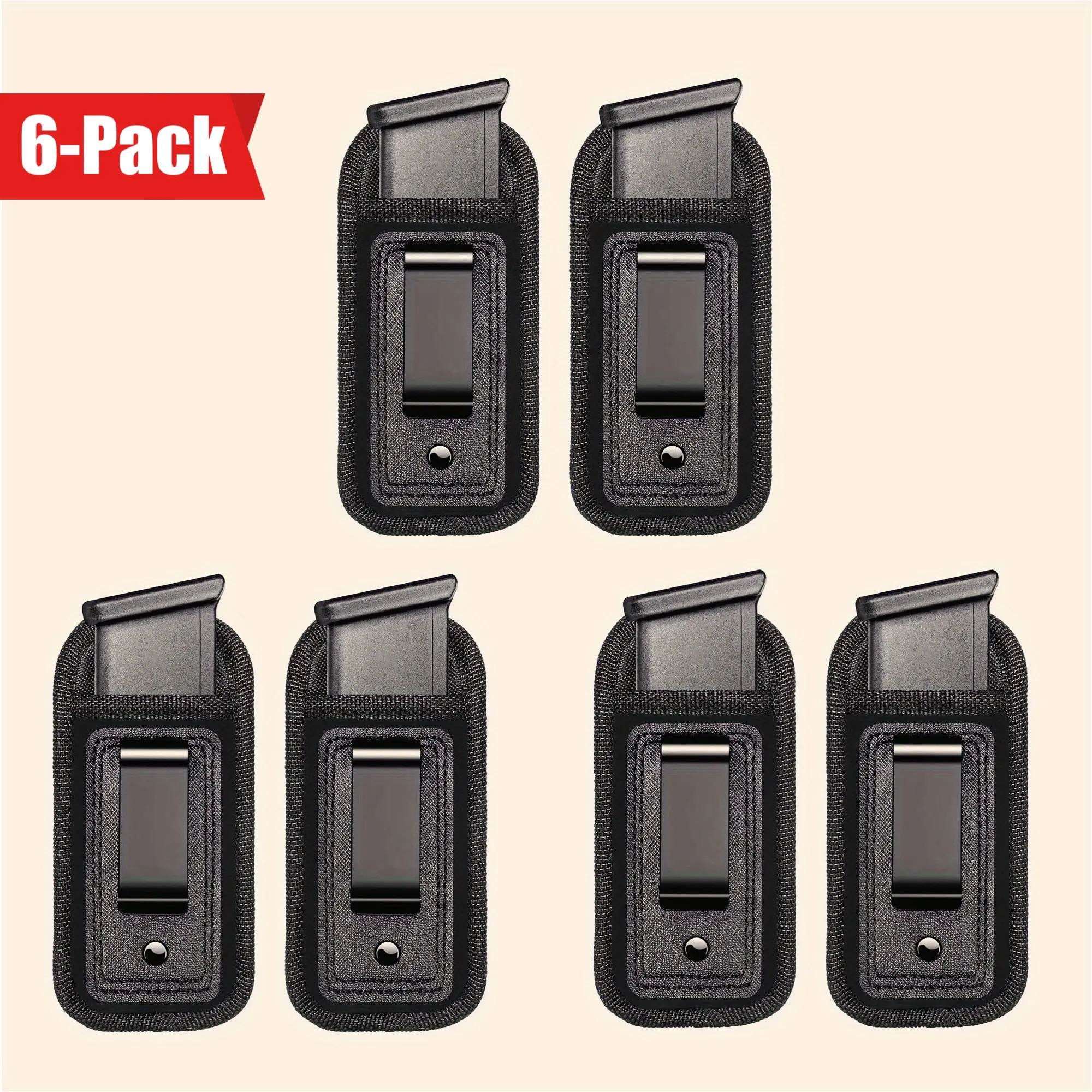 6-Pack Black Soft Quick Drying Universal IWB Concealed Carry Holsters for Adults, Single/Double Row Cartridge Bags Fit Glock 17/26/43, Sig 1911, S&W M&P, 9mm/.40/.45 Ammo Clips (7/10/15 Rounds) with Flashlight Compatibility