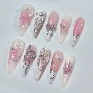 24pcs Long Almond Shape Sweet Cool Silver Cat Eye Nail Art, Handmade Rhinestone Pearl Press-On Nails for Women Girls