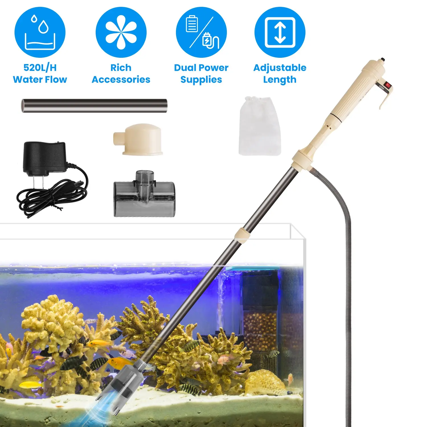1 Set Multifunctional Electric Aquarium Gravel Cleaner Kit Length Adjustable Automatic Fish Tank Vacuum Cleaner Change Water Wash Sand Filter Dirt Removal