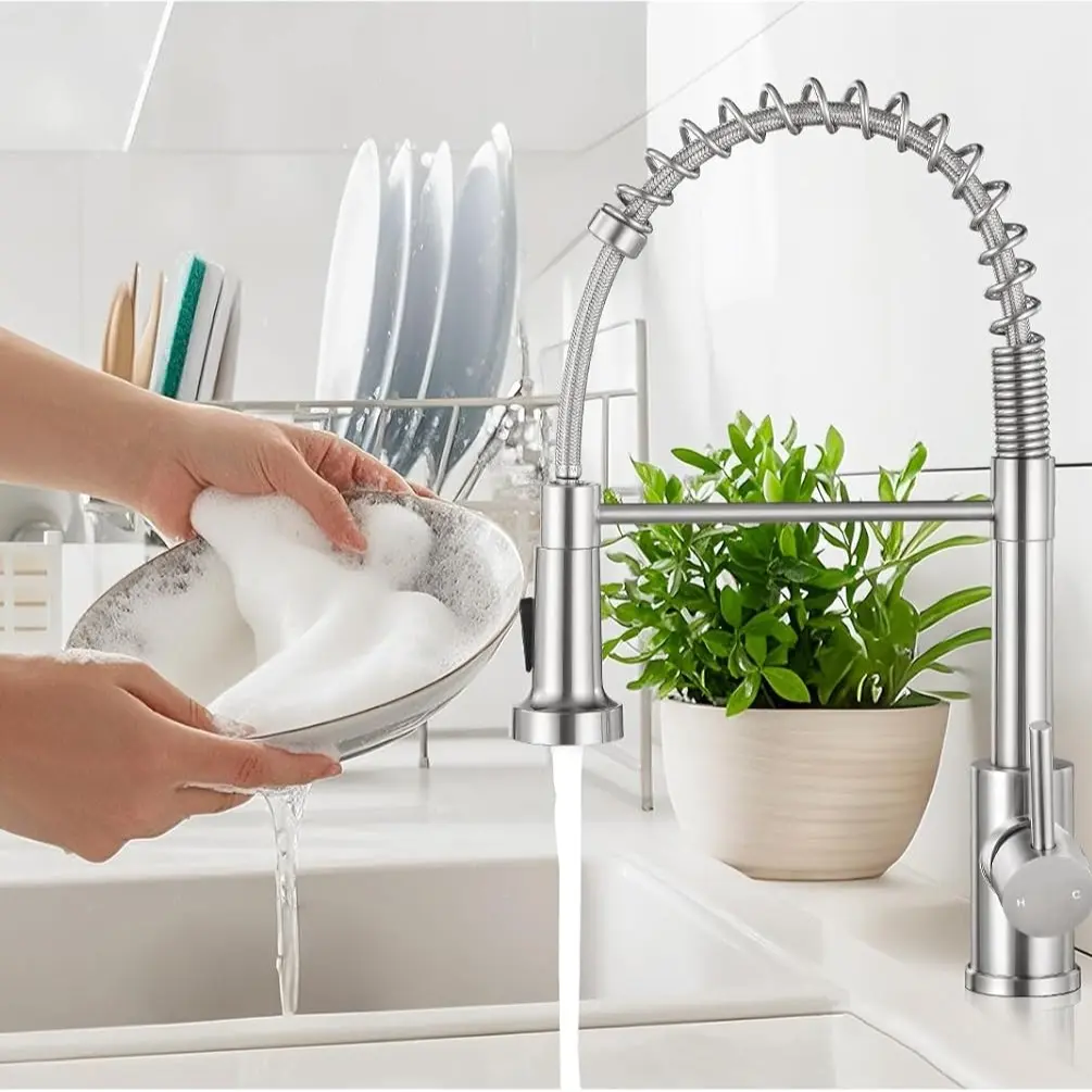 Stainless Steel Single Handle Pull Down Sprayer Kitchen Faucet, Classic Spring Pull Down Faucets for Camping, Farmhouse Sink Pot Filler, Bar Laundry Room Use
