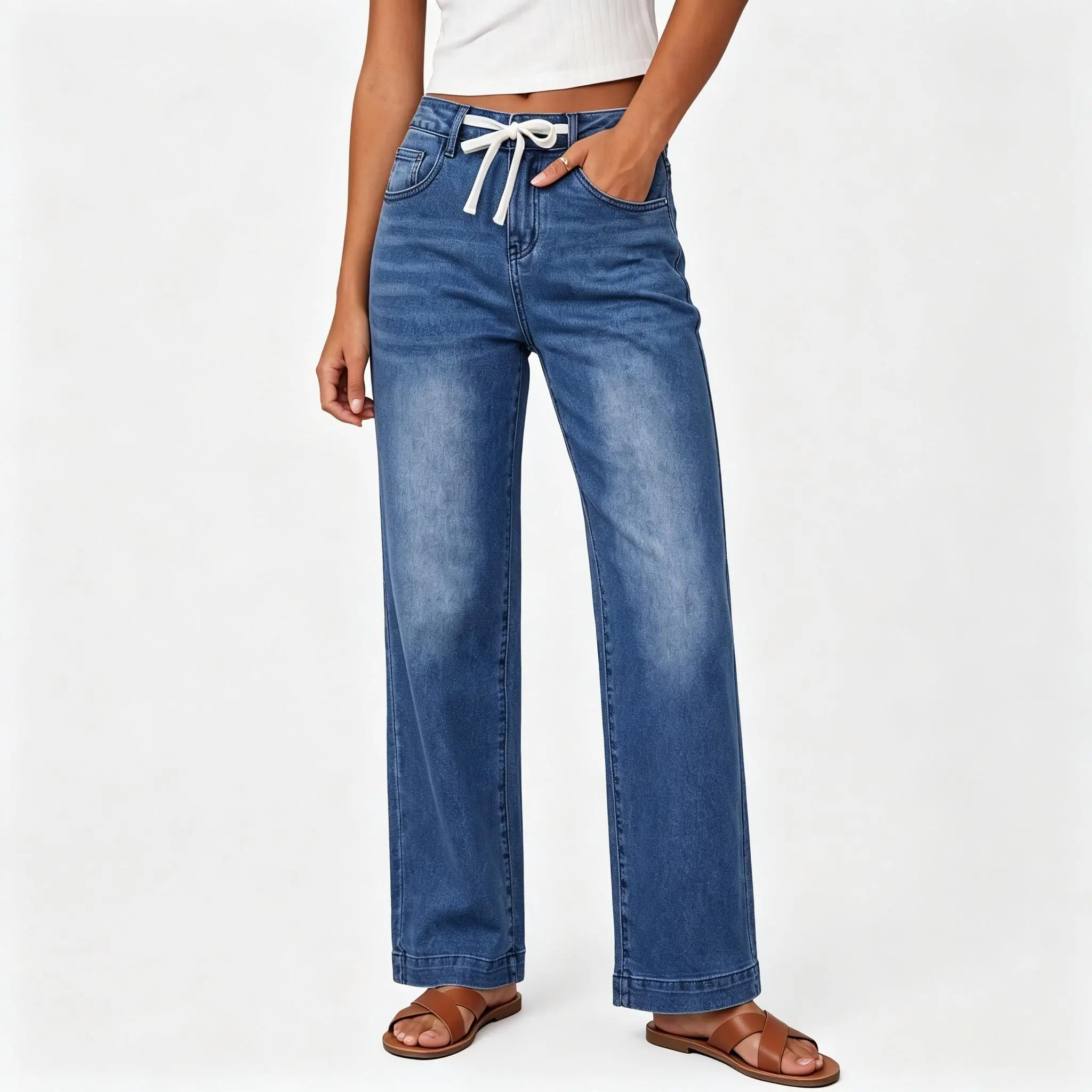 Wide Leg Jeans with Drawstring Waist and Pockets, Blue Denim, Comfortable Fit, Perfect for Casual Wear