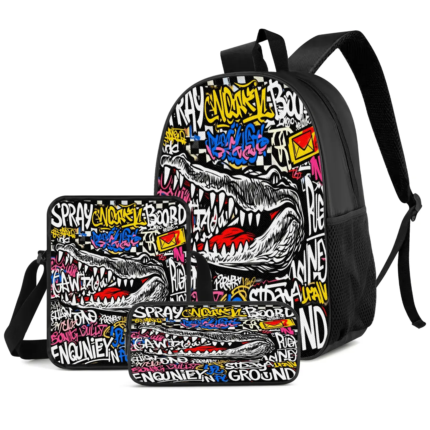 Graffiti Crocodile 3-Piece Backpack Set for Kids & Teens, 600D Oxford Cloth School Bag fits 15in Laptop, with Lunch Box & Breathable Padded Straps, Back To School Haul, Swag Backpacks, 3-Way Backpacks