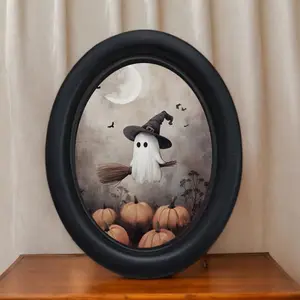 Vintage Halloween Ghost Wall Art, Handmade Oval Wooden Decoration, Spooky Witch Hat Design, Perfect for Christmas & Thanksgiving Decorations