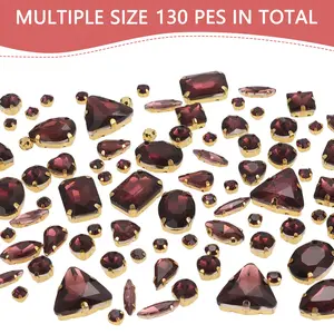 130pcs Mixed Size Burgundy and Flat Rhinestones with Holes for Sewing, DIY Handmade Crafting, Bracelet Necklace Clothing Decorations, Sparkling Rhinestone