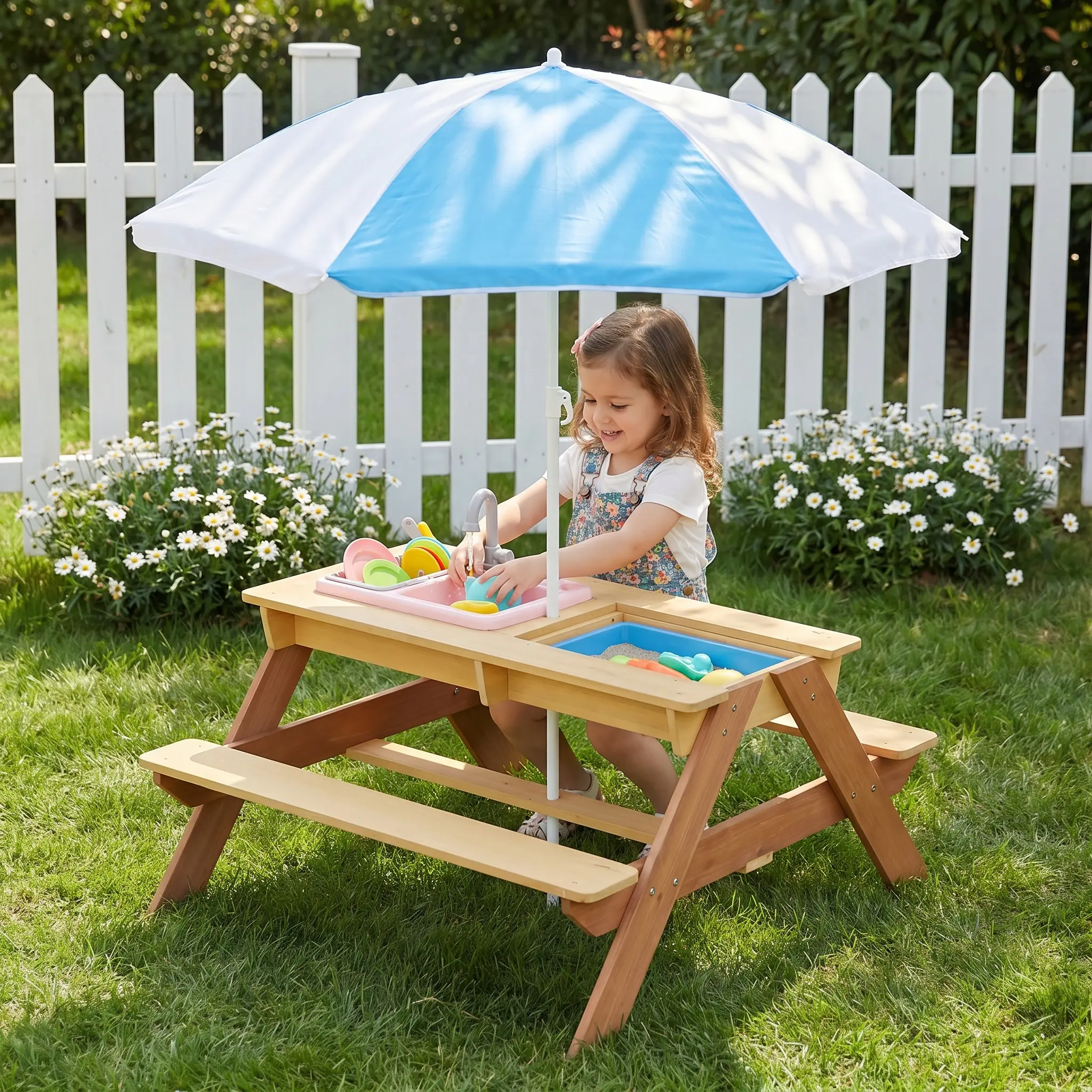 Wooden Kids Picnic Table with Sand and Water Play Activity Table, Outdoor Children's Multi-Function Bench with Umbrella for Backyard Patio Garden, Natural Wood Finish, Toddler and Preschooler Furniture, Living Room Table for Sofa Side