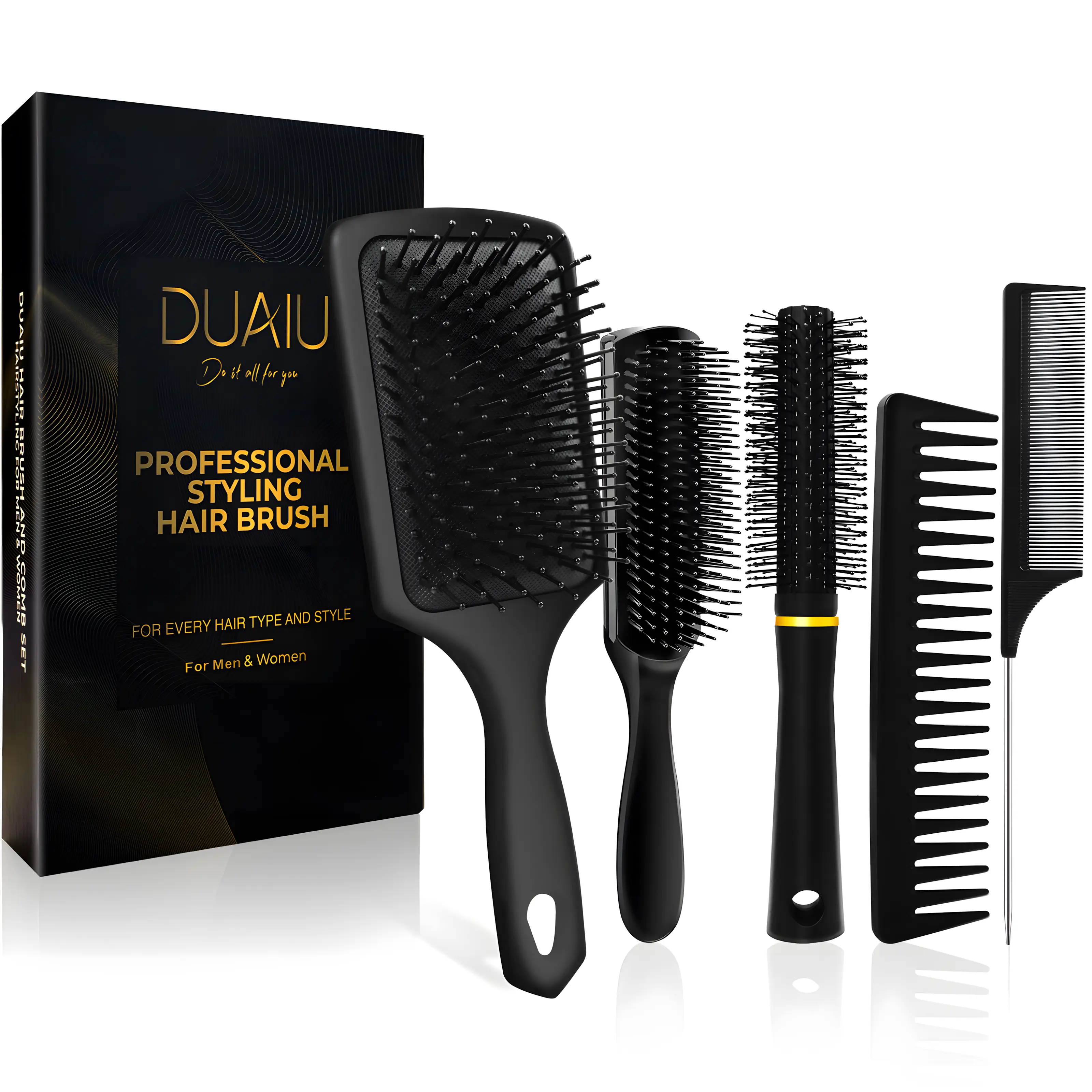 Professional Multi-Type Hair Comb Set DUAIU 5Pcs Paddle Hairbrush for Men and Women, Round Quiff and Rat Tail Wide Tooth Styling Comb and Brush Set for Curly Long Thick Thin Hair - Great on Wet or Dry Use, and Comb Set for All Hair Types curl defining