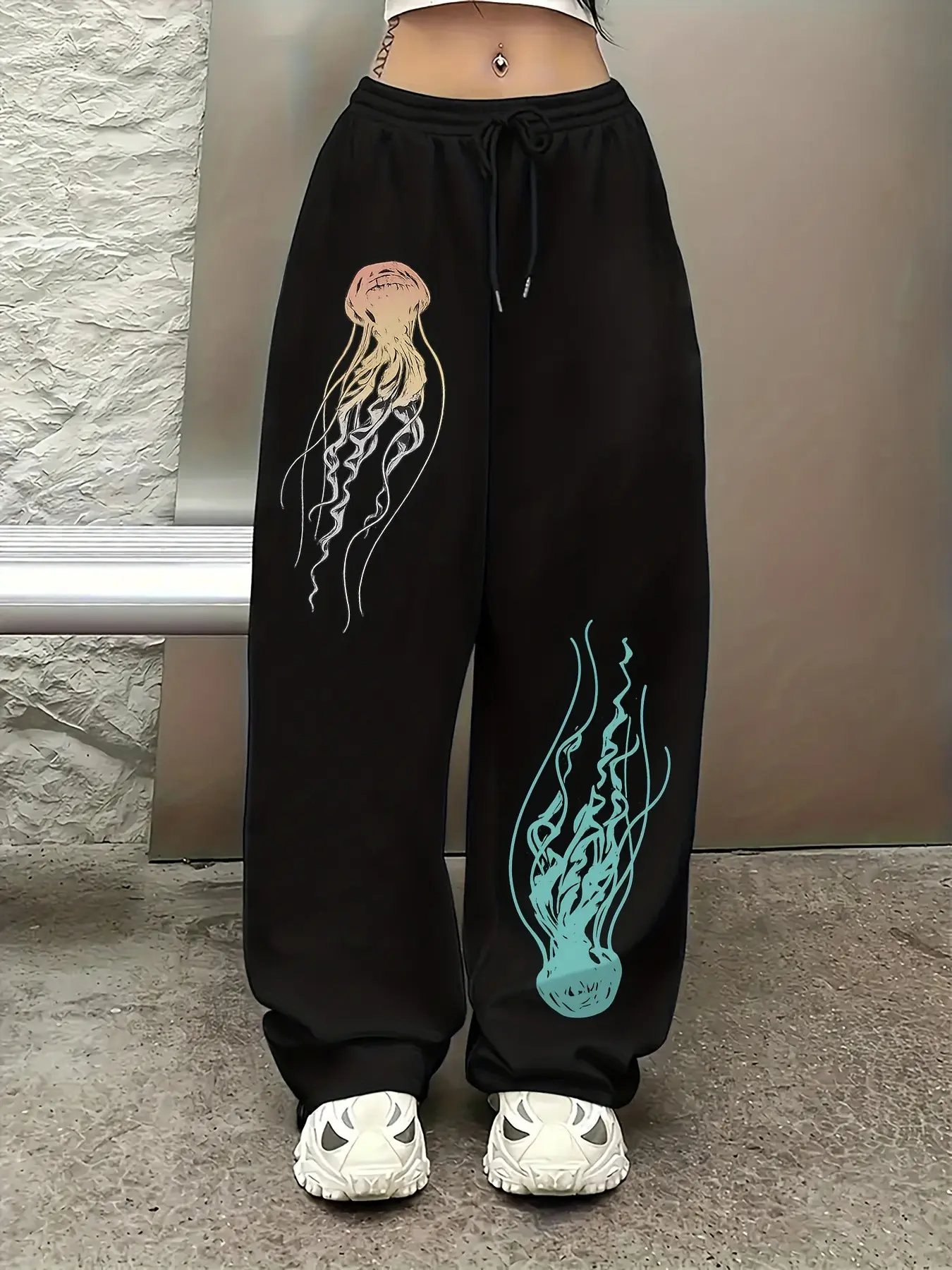 Black Wide Leg Sweatpants, Gradient Jellyfish Print, Casual Fashion Pants, Casual Chic Bottoms, Casual Style Bottoms - 2026 Trending Streetwear, Soft Breathable Fabric for Spring Festivals & Daily Outings, Bold Colorful Print, Versatile Relaxed Fit