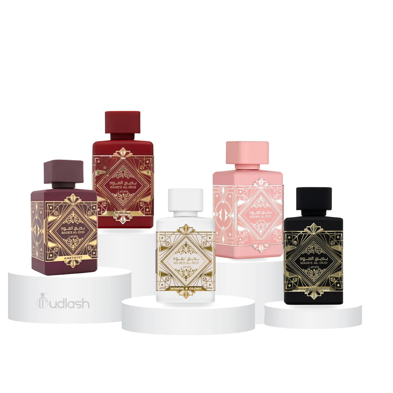 Oudlash Bundle | Lattafa | Badee Al Oud | Noble Blush + Amethyst + Honor & Glory + Oud For Glory + Sublime | Unisex Fragrance | 100 ML - 3.4 OZ | Eau De Parfum | Pineapple - Black Pepper + Sandalwood