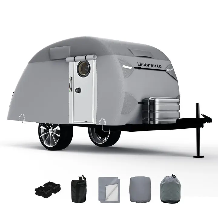 Umbrauto Teardrop Travel Trailer Cover , 7 Layers Top Heavy Duty Waterproof Camper Cover with Windproof Strap for R-Pod Trailers, Clamshell Trailers