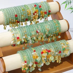12Pcs Green Glass Bead Bracelet Set | Sparkling Crackle Beads with Floral Lucky Pendants, Unique Niche Design - Stackable Bracelet Set for Valentine'S Day, Birthday, Anniversary