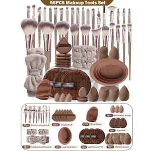 Makeup Brush Powder Puff Tool Set, 56 Piece Makeup Tools, Soft Bristles, Beauty Sponge, Loose Powder Puffs, Face Cleaning Pad & Bag, Makeup Brush Cleaner