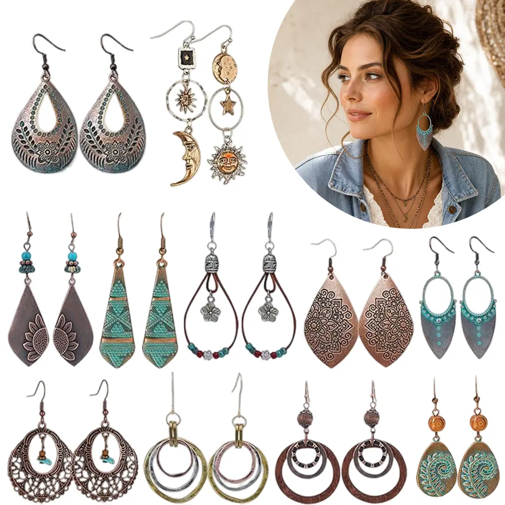 11 Pairs Vintage Drop Dangle Earrings for Women Boho Earring Jewelry Set Retro Flower Dangly Earring Teardrop Sun and Moon Earrings