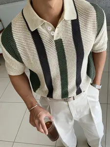 Men's Spring Summer Knitted Short Sleeve Polo Shirt Tops, Striped Colorblock Design, Slim-Fitting Business Casual Wear, Perfect for Work & Travel