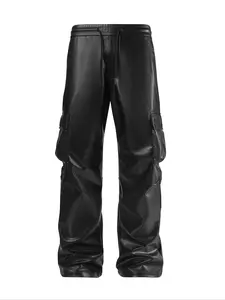 Men's Solid Color Casual Multi-Pocket Elastic Waist Stretchable Leather Pants, Daily Wear, Comfortable and Stylish, Perfect for Leisure, Casual Fashion Trousers