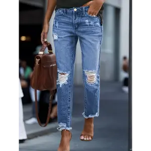 Women's Vintage Ripped Denim Jeans - Stretchy Straight Leg Cropped Pants with Five-Pocket Design, Faded Wash, Relaxed Summer Street Style, Casual Chic Look, Light Blue Distressed Denim Womenswear Bottom