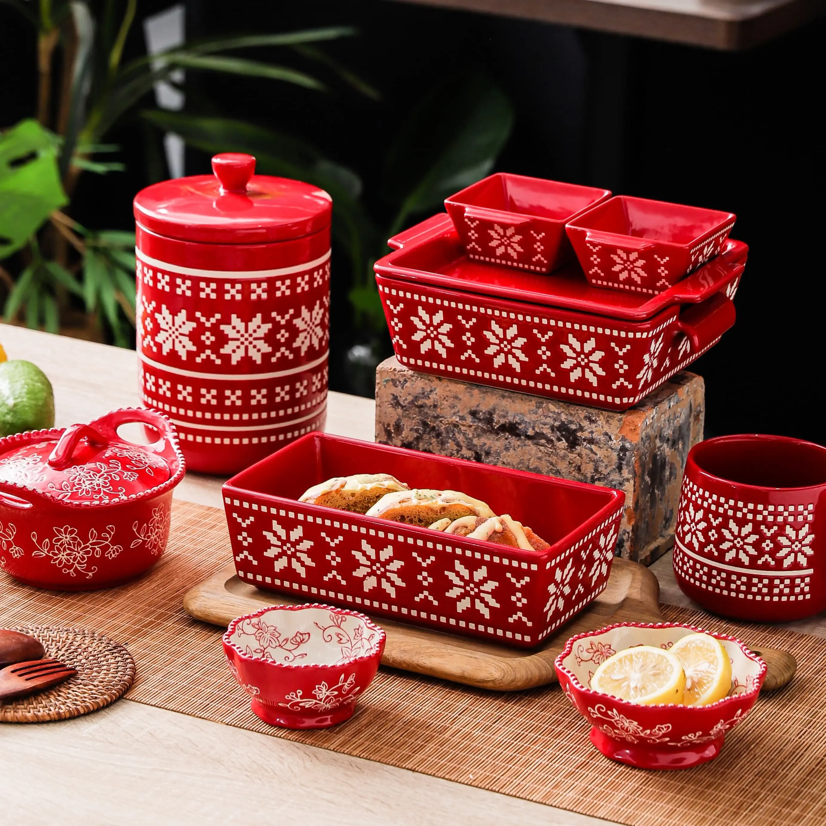 HongDian 6-in Red Snowflake Print Kitchen Tableware Series - Optional Ceramic Mug (600ml/20oz), Bowl, Plate, Micro-Embossed Premium Ceramic, SGS-Tested Underglaze Fade-Resistant, Multi-Safe for Dishwasher, Microwave, Oven Sterilizer, Holiday Table Decor