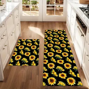 2Pcs Sunflower black background Floor mat set including farmhouse kitchen Rug dining room flooring laundry room decorative carpet mat