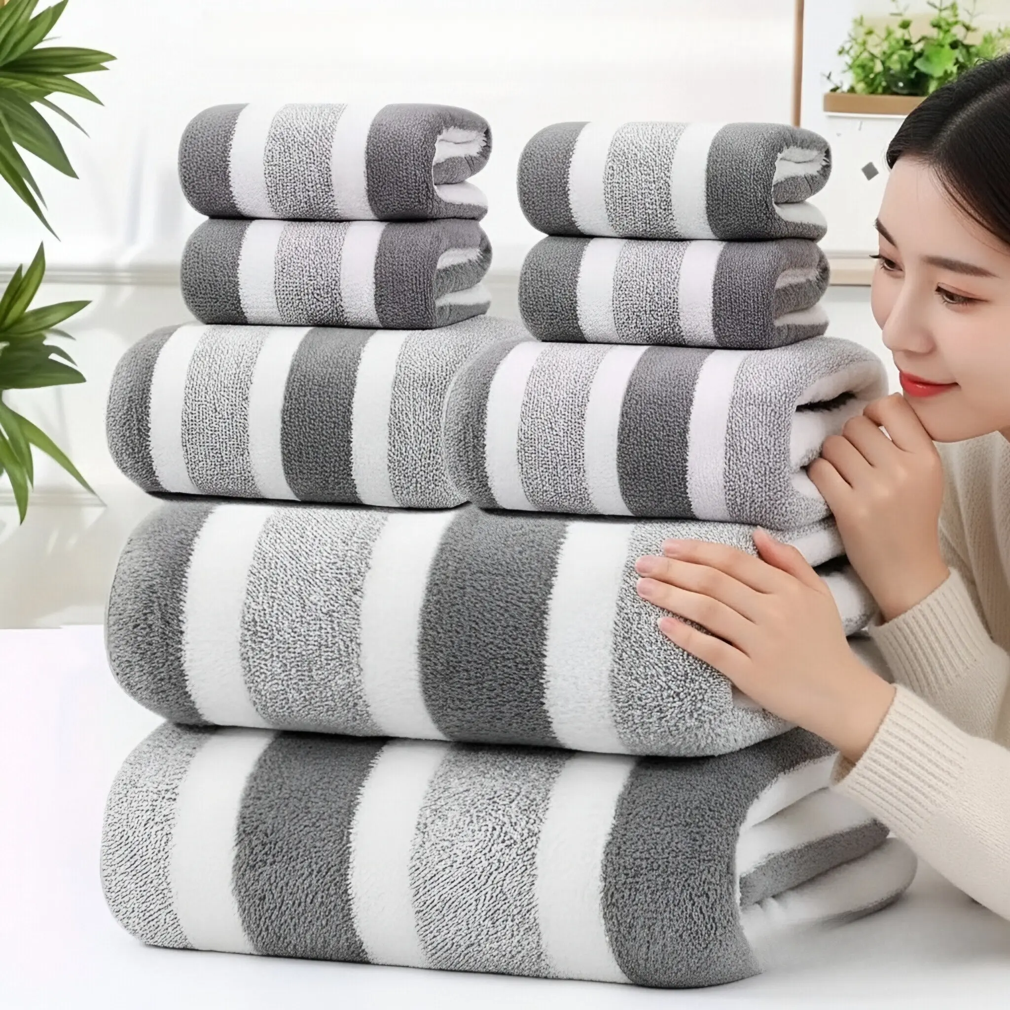 Modern 8-Piece Premium Striped Towel Set, Ultra Soft Water Absorbent Quick Dry Bath & Hand Towels for Bathroom, Gym