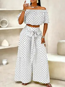 Women's Spring Summer Polka Dot Casual Vacation Two-Piece Set, Shoulder-Exposed Short Top + High-Waisted Wide-Leg Pants Outfit