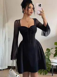 Fashionable Mesh Patchwork Bowknot Collar Ruched A-Line Dress For Women Fall Style 🍂🥂