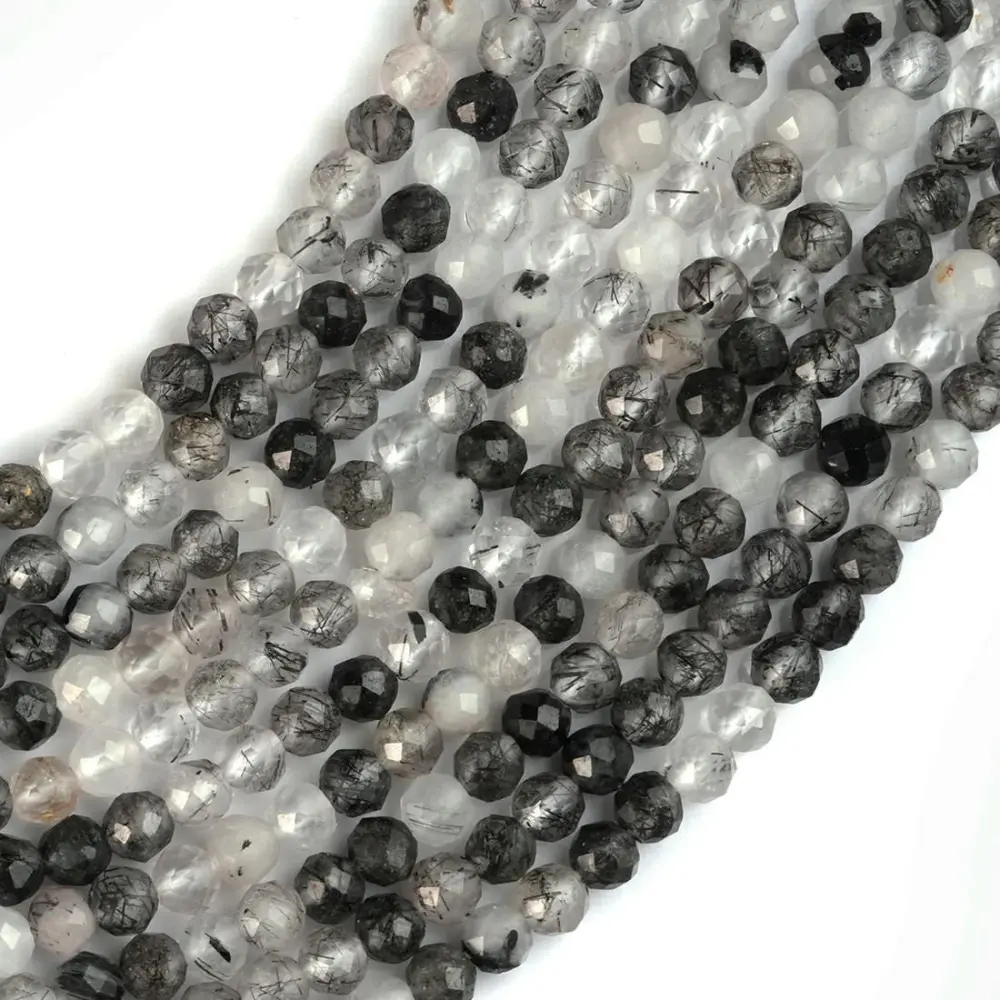 Crafted Premium Quality Authentic Natural Black Rutile Quartz Round Micro Faceted Beads String, 2mm/3mm/4mm/6mm Sizes, 15.5in Long, Unique Aesthetic for Beading & Jewelry Making, Ideal for Beginners - AS & JG, Beads Making