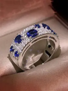 1 PC Glamorous Blue Cubic Zirconia Double Row Artificial Gemstone Ring For Women Bridal Rings For Wedding Engagement Party Jewelry Valentine's Day Gift