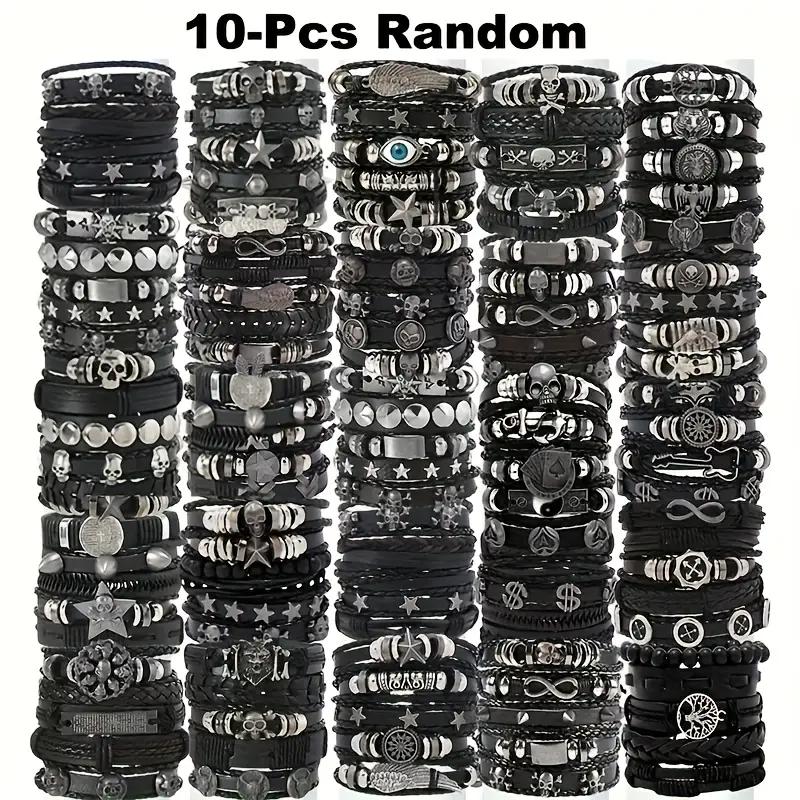 Men's Punk Skull Leather Bracelet Set | Multi-Layer Alloy Gothic Cuff Wristbands | 5-36PCS Random Styles Stackable Jewelry for Men Daily Party Wear