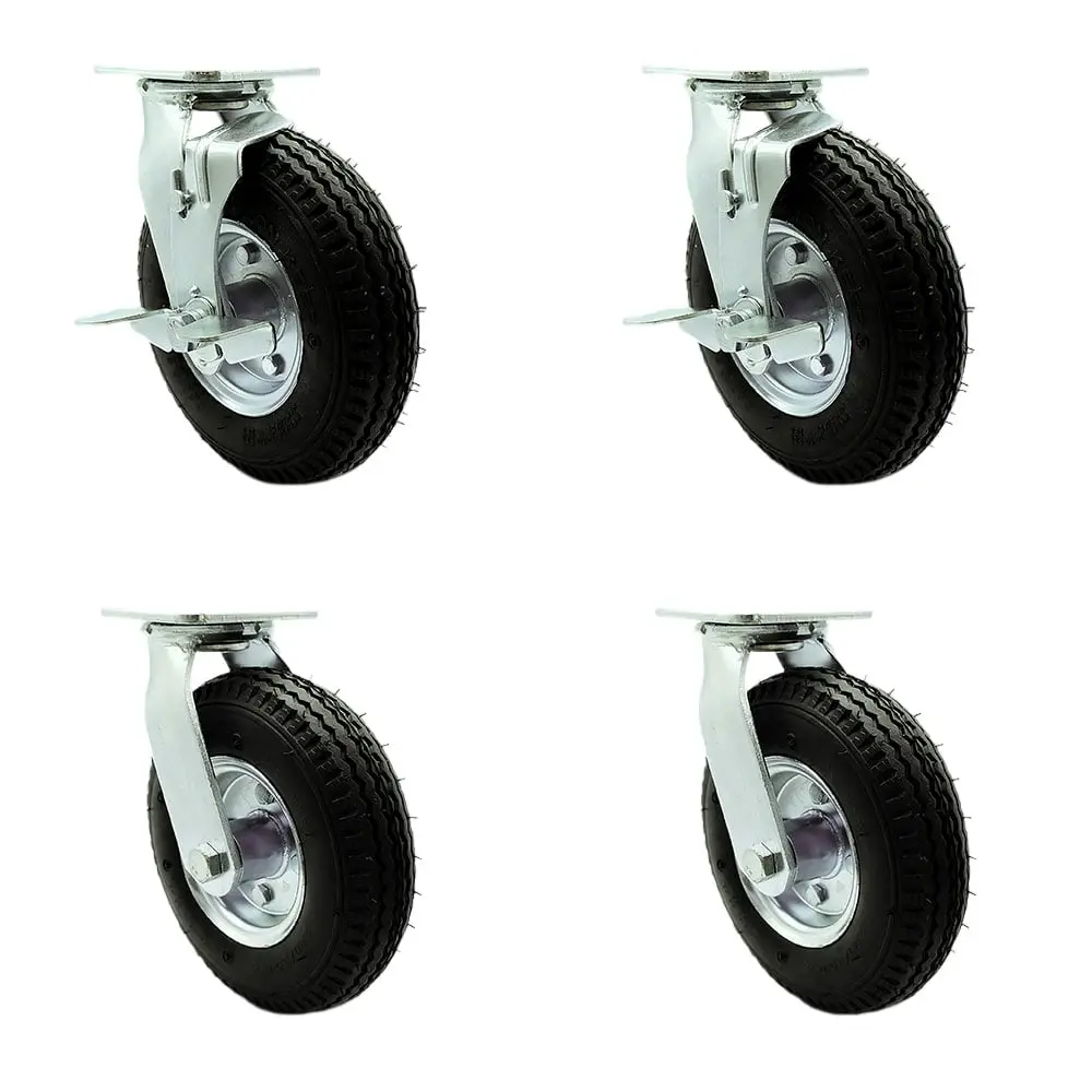 212 MAIN SCC-100S280-PNB-TLB-BSL-2 Lockable Swivel Pneumatic Rubber Wheel Casters, 8 in. Black Tires, Top Brake, Set of 4, Lockable Wheels, Swivel Wheels