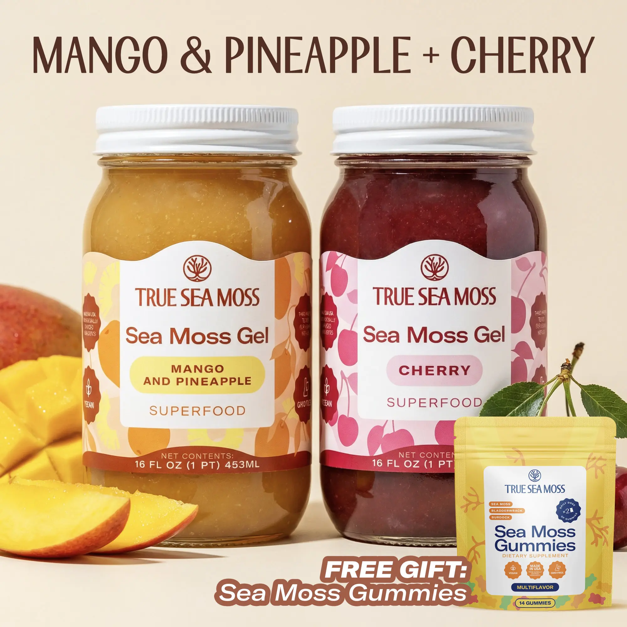 True Sea Moss Gel 2-Jar Bundle: Mango Pineapple & Cherry – Rich in Minerals & Vitamins