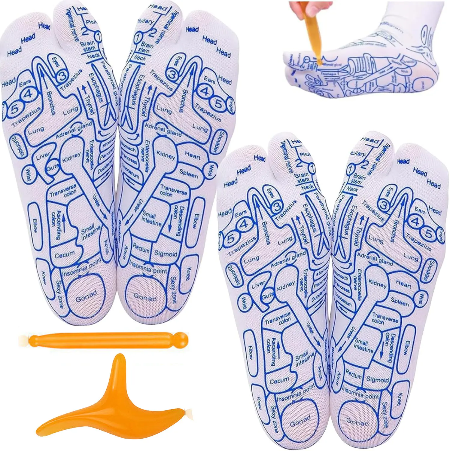 Reflexology Socks Set - Reflexology Socks with Massage Tool - White Manual High Elastic - Comfortable Cotton for Foot Pain Relief and Acupressure