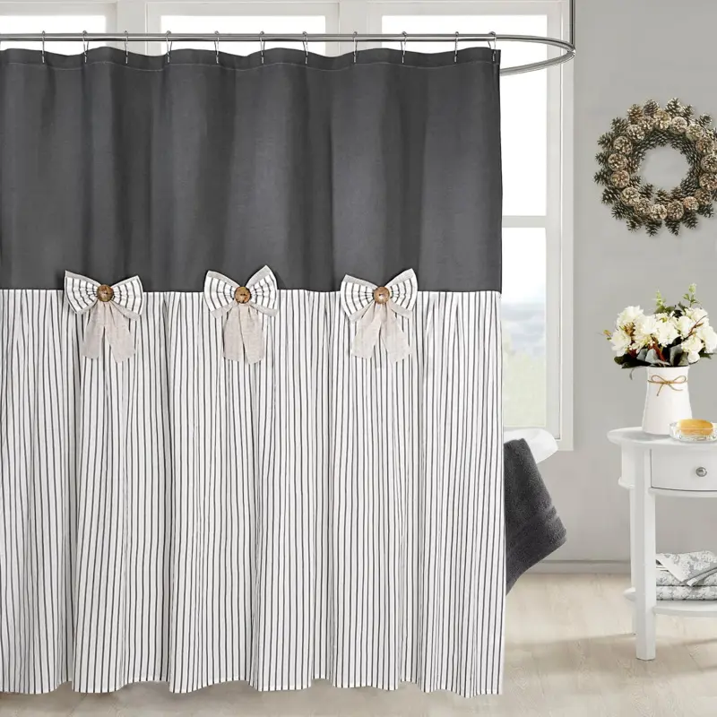 Farmhouse Grey Shower Curtain,Bowknot,Cotton Woven and Cotton Blend Fabric,Pleated Grey Stripe,Country Style,72x72 in