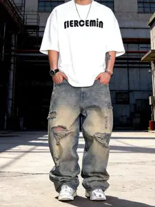Men's Vintage Distressed Baggy Wide-Leg Denim Jeans with Ripped Details, Pocket, Trendy Loose-Fitting Hip Hop Streetwear Pants for All Seasons, Casual Fashion Statement Menswear
