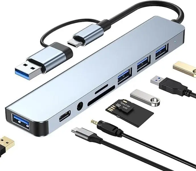 USB C Hub Docking Station 8-in-1 USB Extender with 4 USB Ports, TF/SD Card Reader, 3.5mm Audio Jack & USB C Port, Dual USB-A/C Input for MacBook/iPad/PC/Laptops, Computer Accessories #SummerVibes